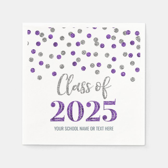 Serviette En Papier Serviettes Classe de 2025 Confettis Violet Argent (Devant)