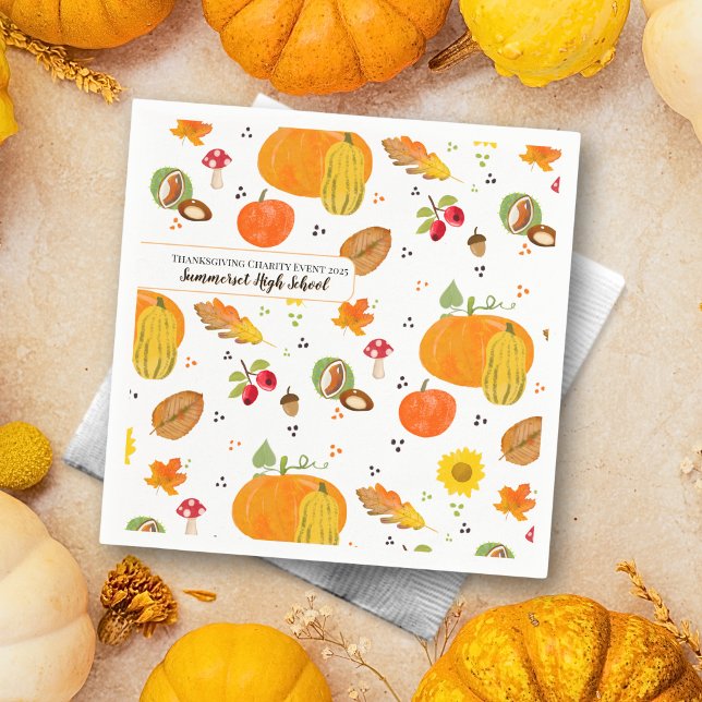 Serviette En Papier Serviettes d'automne personnalisées (Napkins with autumnal pattern, featuring pumpkins, leafs, mushrooms, buckeyes, sunflower & rose hip)