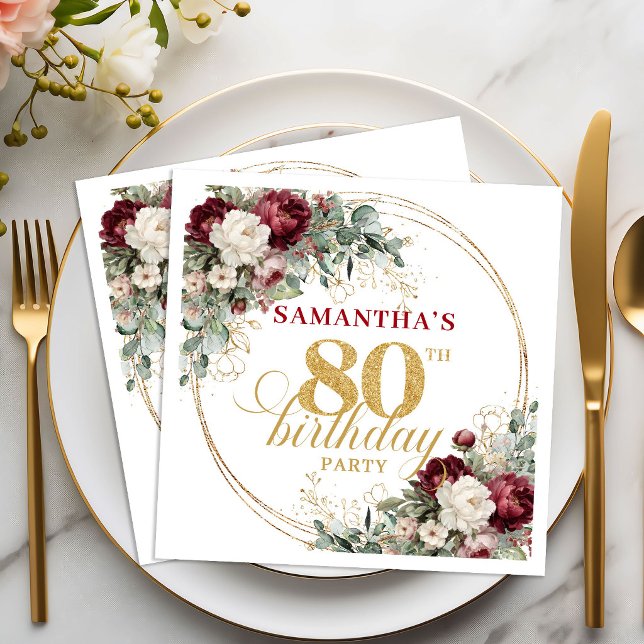 Serviette En Papier Serviettes de 80e anniversaire Floral Boho Bourgog (Boho Burgundy Floral Gold 80th Birthday Napkins)