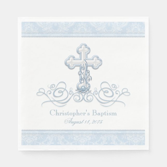 Serviette En Papier Serviettes de baptême de croix en Damas bleu pour  (Devant)