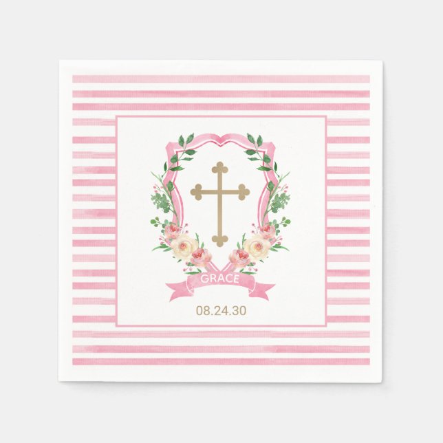 Serviette En Papier Serviettes de baptême florales roses (Devant)