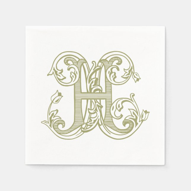 Serviette En Papier Serviettes de cocktail à monogramme vert olive "H" (Devant)