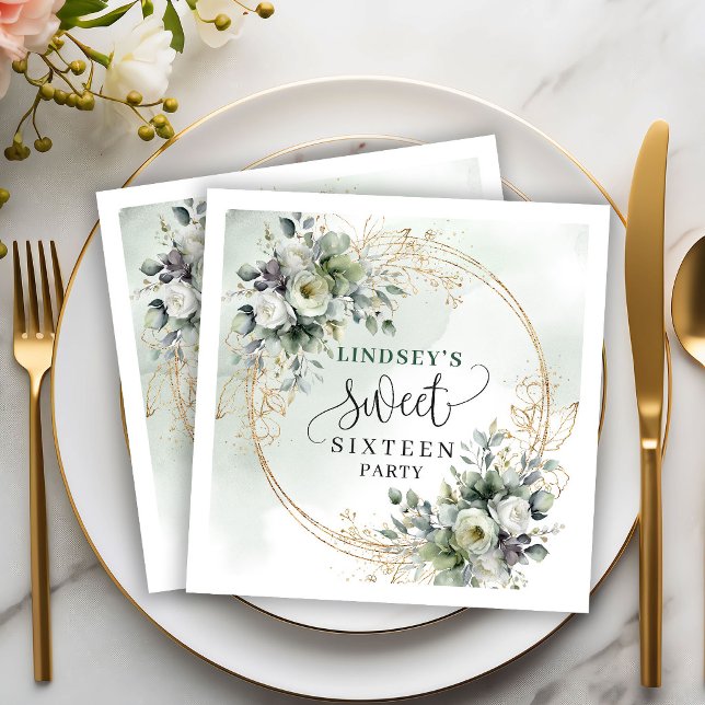 Serviette En Papier Serviettes de fête d'anniversaire 16 ans Botanical (Botanical Dusty Green 16th Birthday Party Napkins)
