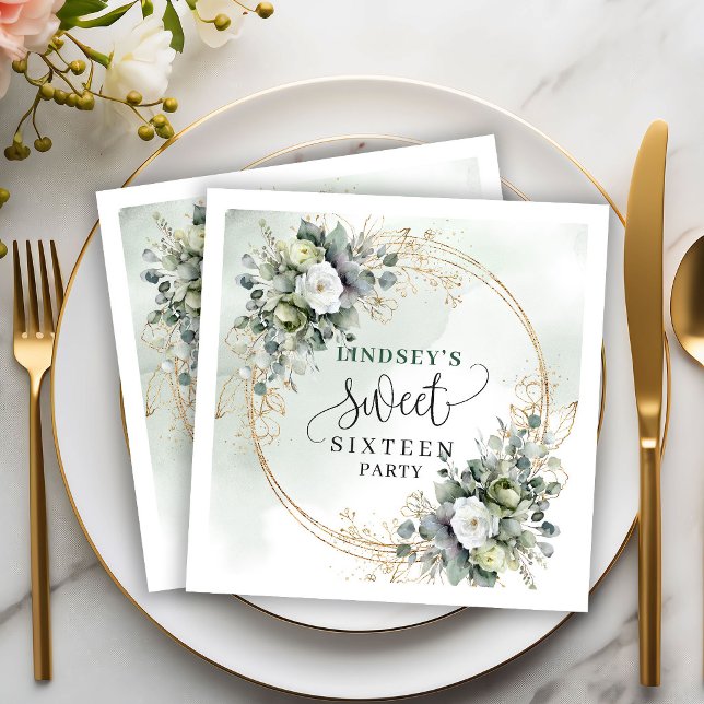 Serviette En Papier Serviettes de fête d'anniversaire 16 ans Feuillage (Sage Green Foliage 16th Birthday Party Napkins)
