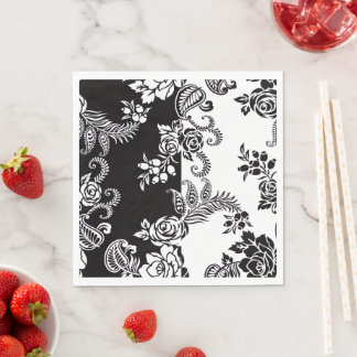 Serviette En Papier Serviettes de fête florales noires et blanches élé