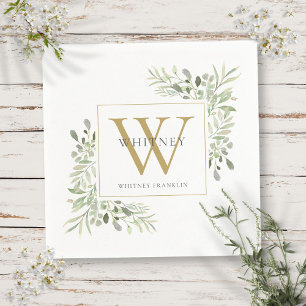 Serviette En Papier Serviettes de luxe à monogramme doré et verdure mo