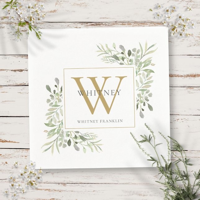 Serviette En Papier Serviettes de luxe à monogramme doré et verdure mo (Gold Monogram Elegant Modern Greenery Napkins)