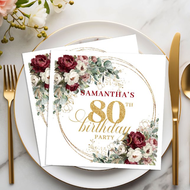 Serviette En Papier Serviettes de luxe fleurs rouges dorées 80e annive (Luxury Deep Red Floral Gold 80th Birthday Napkins)
