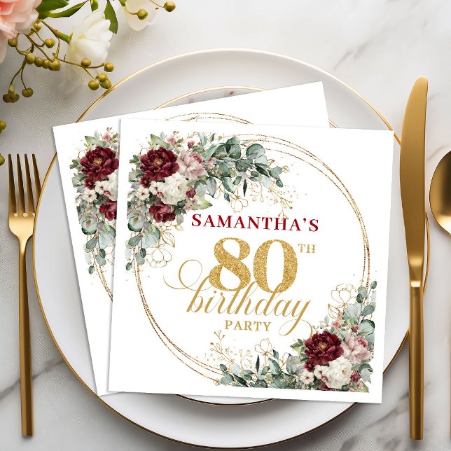 Serviette En Papier Serviettes de luxe florales de Bourgogne pour 80e  (Luxury Burgundy Floral 80th Birthday Napkins)