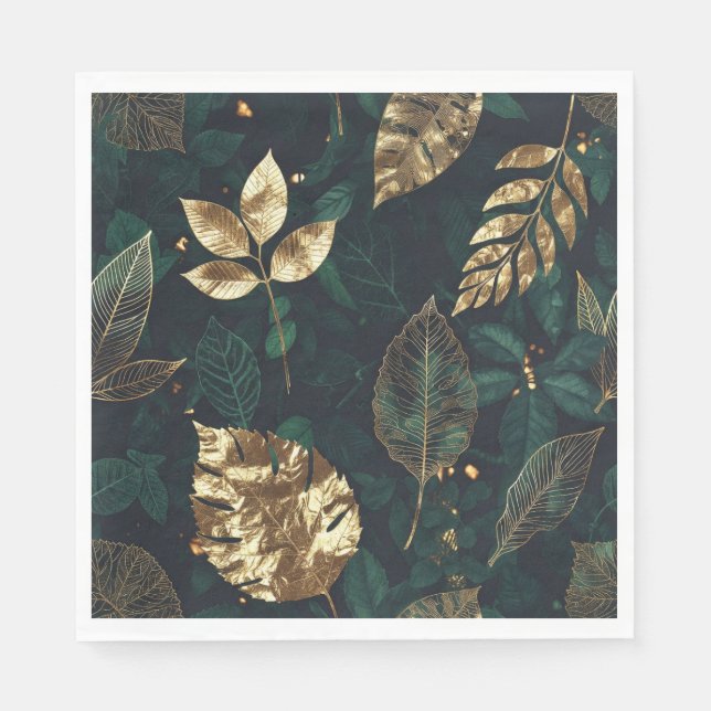 Serviette En Papier Serviettes de luxe vert forêt feuille d'or (Devant)
