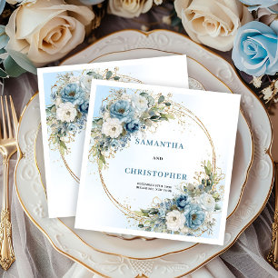 Serviette En Papier Serviettes de mariage à cadre doré et floral bleu