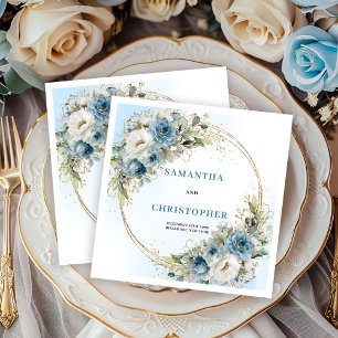 Serviette En Papier Serviettes de mariage à cadre doré et roses bleues