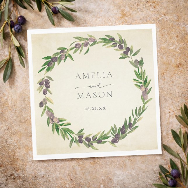 Serviette En Papier Serviettes de mariage à couronne d'olivier botaniq (Rustic Botanical Olive Wreath Wedding Napkins)