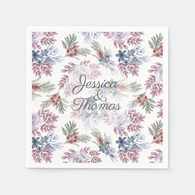 Serviette En Papier Serviettes de mariage à feuillage hivernal aquarel (Devant)