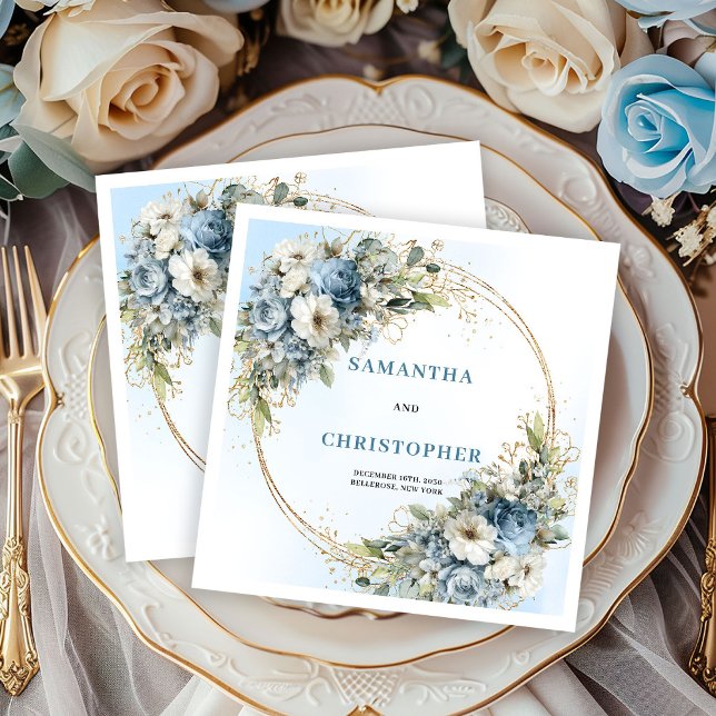 Serviette En Papier Serviettes de mariage à fleurs bleues classiques a (Classic Blue Flowers Gold Frame Wedding Napkins)