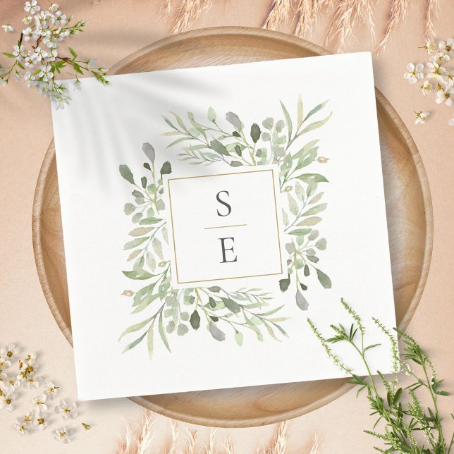 Serviette En Papier Serviettes de mariage à monogramme doré et feuilla (Greenery Foliage Gold Monogram Wedding Napkins)