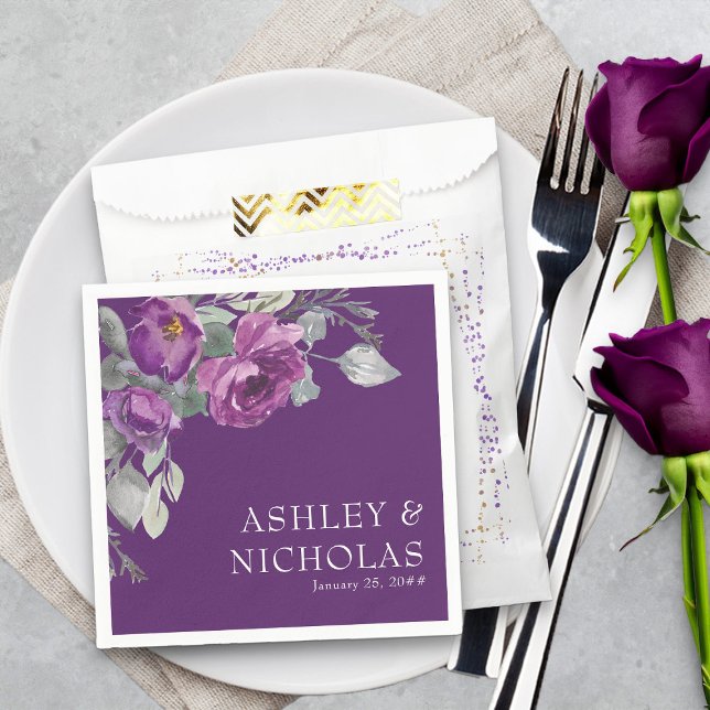 Serviette En Papier Serviettes de mariage botaniques modernes florales (Bold purple floral cocktail napkins from my Plush Purple Wedding Collection )