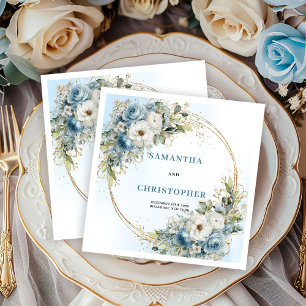 Serviette En Papier Serviettes de mariage chic fleurs bleues cadre or