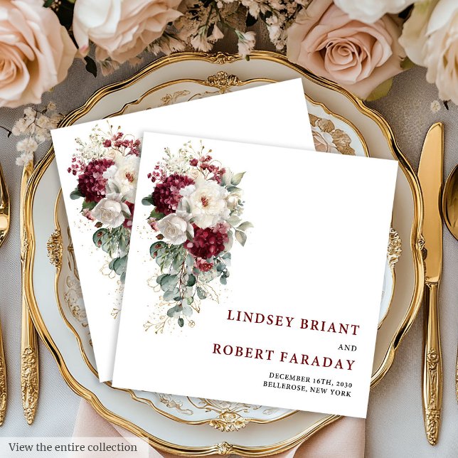 Serviette En Papier Serviettes de mariage classiques boho bordeaux ros (Classic Boho Burgundy Gold Roses Wedding Napkins)