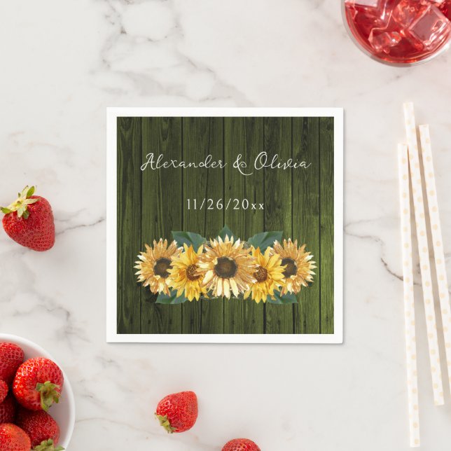 Serviette En Papier Serviettes de Mariage de tournesol vert rustique (En situation)
