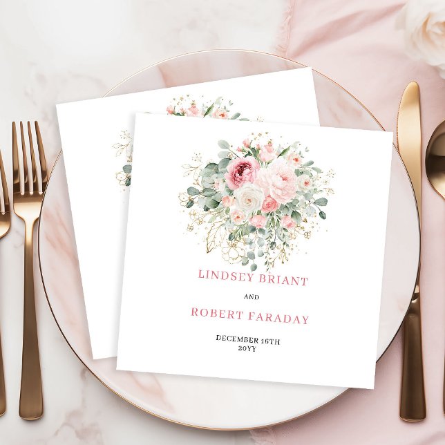 Serviette En Papier Serviettes de mariage dorées roses eucalyptus Boho (Boho Blush Roses Eucalyptus Gold Wedding Napkins)