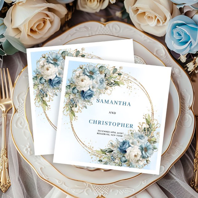 Serviette En Papier Serviettes de mariage élégantes blanches bleues et (Elegant White Flowers Blue Gold Wedding Napkins)