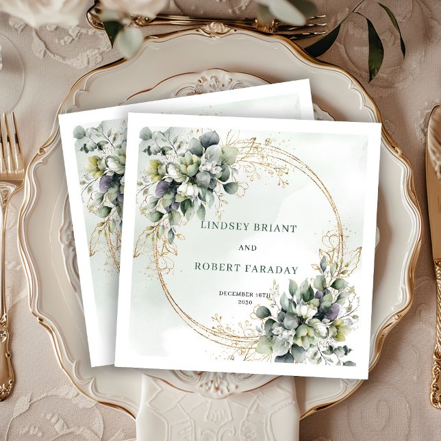 Serviette En Papier Serviettes de mariage élégantes Boho roses blanche (Elegant Boho White Roses Greenery Wedding Napkins)