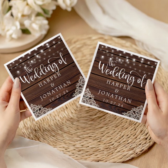 Serviette En Papier Serviettes de Mariage en dentelle rustique (Rustic Wood String Lights Lace Wedding Napkins)