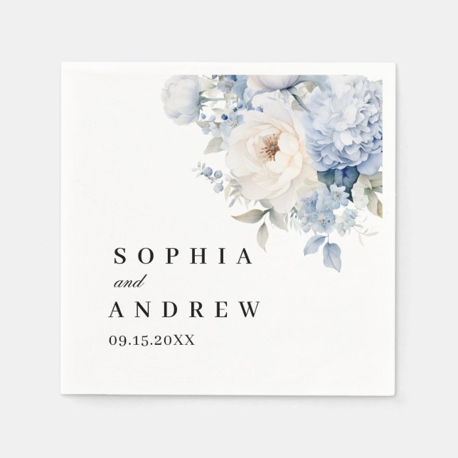 Serviette En Papier Serviettes de mariage Fleurs Bleues et Blanches (Devant)