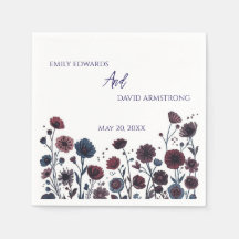 Serviettes de mariage florales bordeaux et bleues 