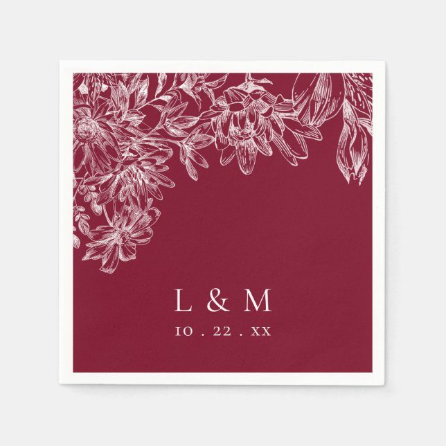 Serviette En Papier Serviettes de mariage florales monogrammes blanche (Devant)