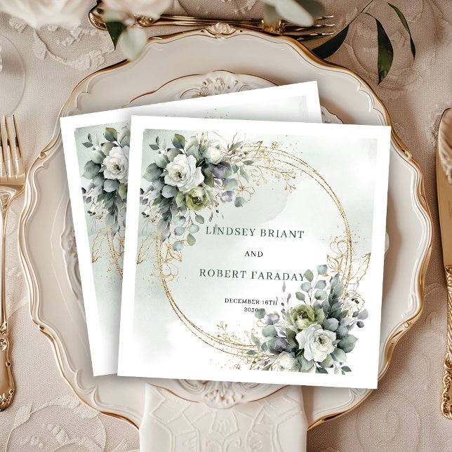 Serviette En Papier Serviettes de mariage florales vert rustique et bl (Rustic Green and White Floral Wedding Napkins)