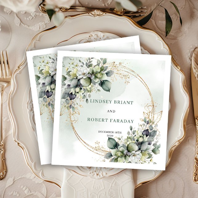 Serviette En Papier Serviettes de mariage florales vert rustique et or (Rustic Green and Gold Floral Wedding Napkins)