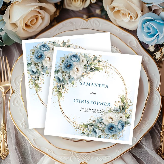 Serviette En Papier Serviettes de mariage Glam fleurs blanches or bleu (Glam White Flowers Blue Gold Wedding Napkins)