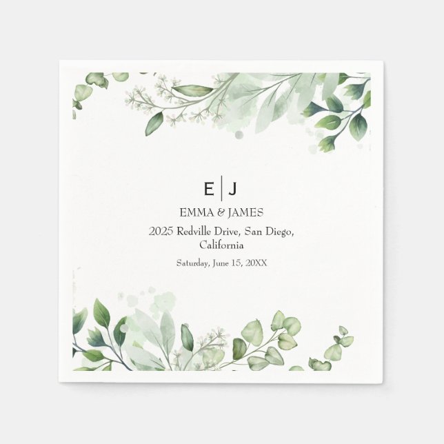 Serviette En Papier Serviettes de mariage minimal chic avec verdure (Devant)
