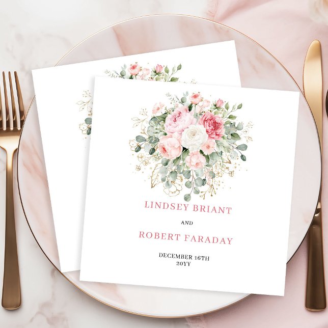 Serviette En Papier Serviettes de mariage minimalistes à verdure rose  (Modern Blush Rose Greenery Minimal Wedding Napkins)