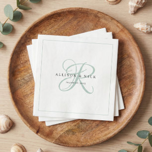 Serviette En Papier Serviettes de mariage minimalistes monogramme vert