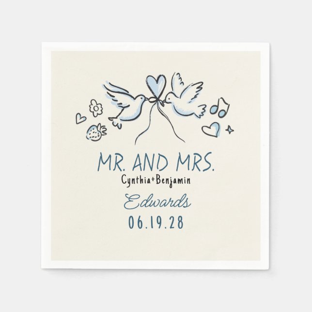 Serviette En Papier Serviettes de mariage oiseaux de l'amour dessinés  (Devant)