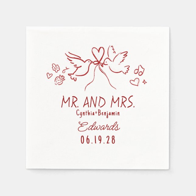 Serviette En Papier Serviettes de mariage oiseaux de l'amour dessinés  (Devant)