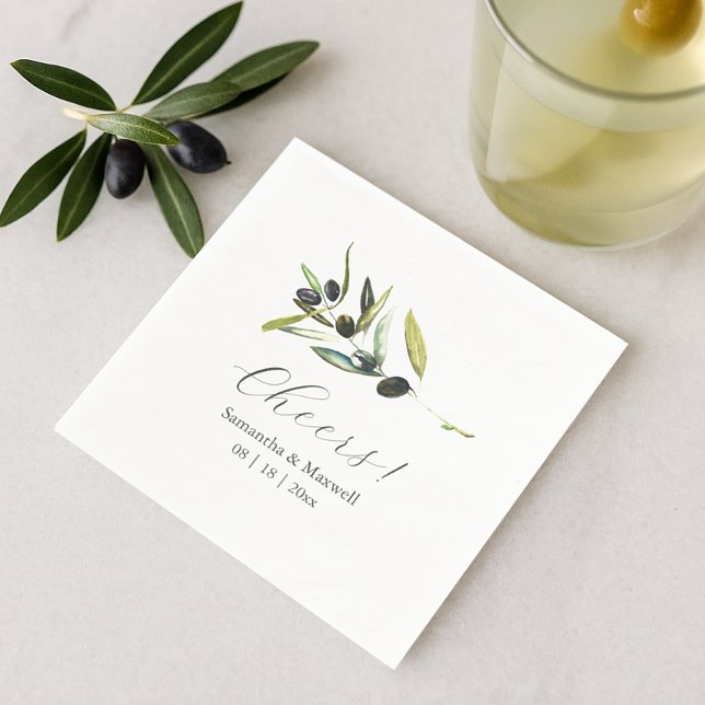 Serviette En Papier Serviettes de mariage personnalisées Branche d'oli (a flat lay of olive wedding theme cocktail napkins watercolor art by Victoria Grigaliunas)