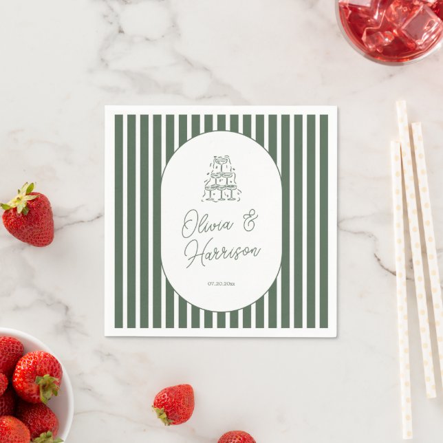 Serviette En Papier Serviettes de mariage rayées vert foncé prépa caba (En situation)