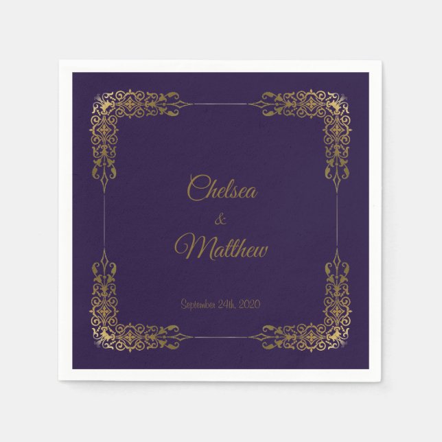 Serviette En Papier Serviettes de mariage violettes avec bordure dorée (Devant)