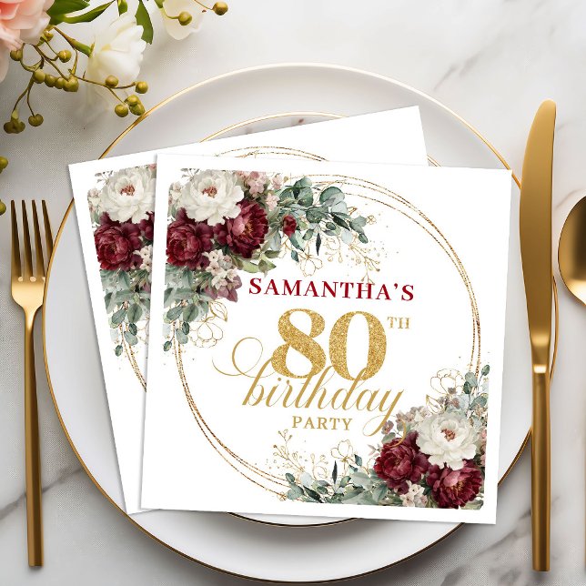 Serviette En Papier Serviettes de naissance élégantes Boho Marsala Flo (Elegant Boho Marsala Floral 80th Birthday Napkins)