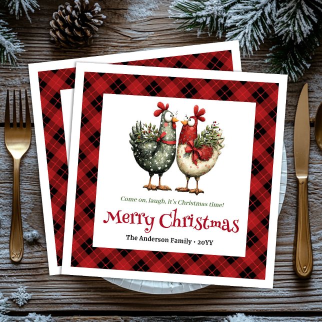 Serviette En Papier Serviettes de Noël à nom éditable avec des poules  (Whimsical chickens Christmas napkins editable name)