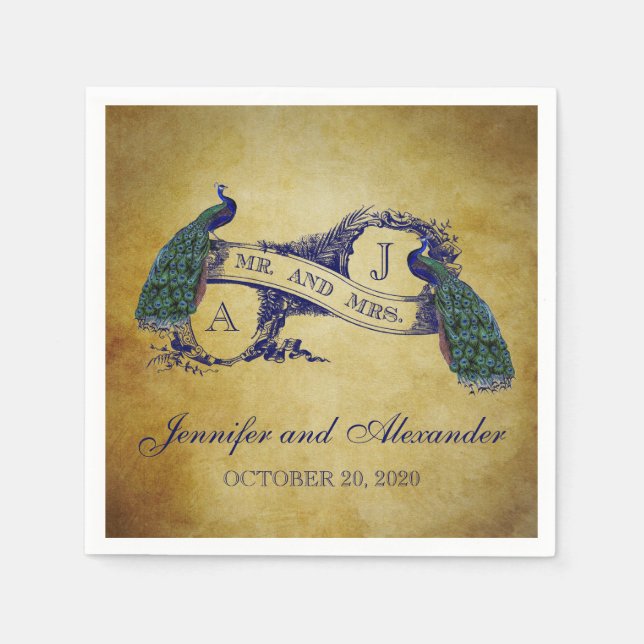 Serviette En Papier Serviettes de papier de mariage rustique de paon (Devant)