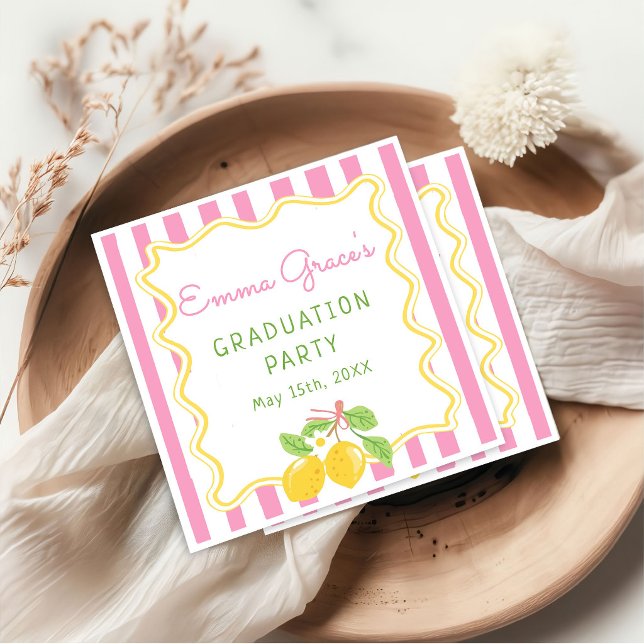 Serviette En Papier Serviettes de remise de diplôme rayées rose citron (Créateur téléchargé)