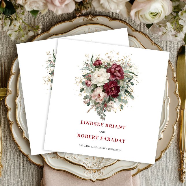 Serviette En Papier Serviettes de table élégantes à fleurs rouges prof (Stylish Deep Red Floral Eucalyptus Gold Napkins)