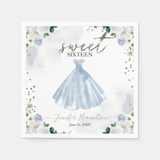 Serviette En Papier Serviettes de table Fleurs bleues pour robe de 16  (Devant)