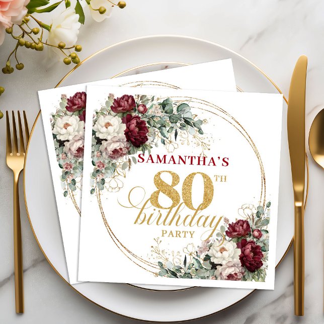 Serviette En Papier Serviettes de table Fleurs de Bourgogne tendance p (Trendy Burgundy Floral 80th Birthday Napkins)