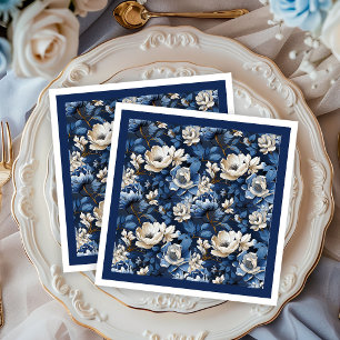 Serviette En Papier Serviettes de table florales bleu marine et ivoire